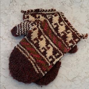 Hand Knit Patterned Mittens in Brown Cream and Pink